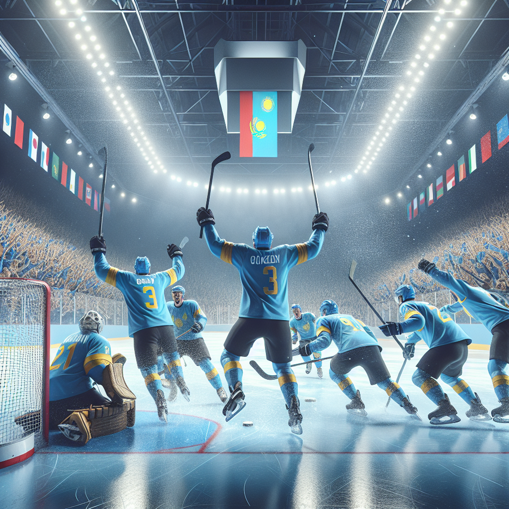 Kazakh hockey clubs in KHL action with international flags, intense arena celebration.
